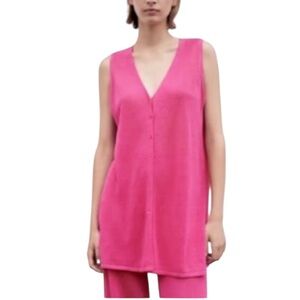 Zara Hot Pink Button Front Linen Knit Waistcoat Vest - S